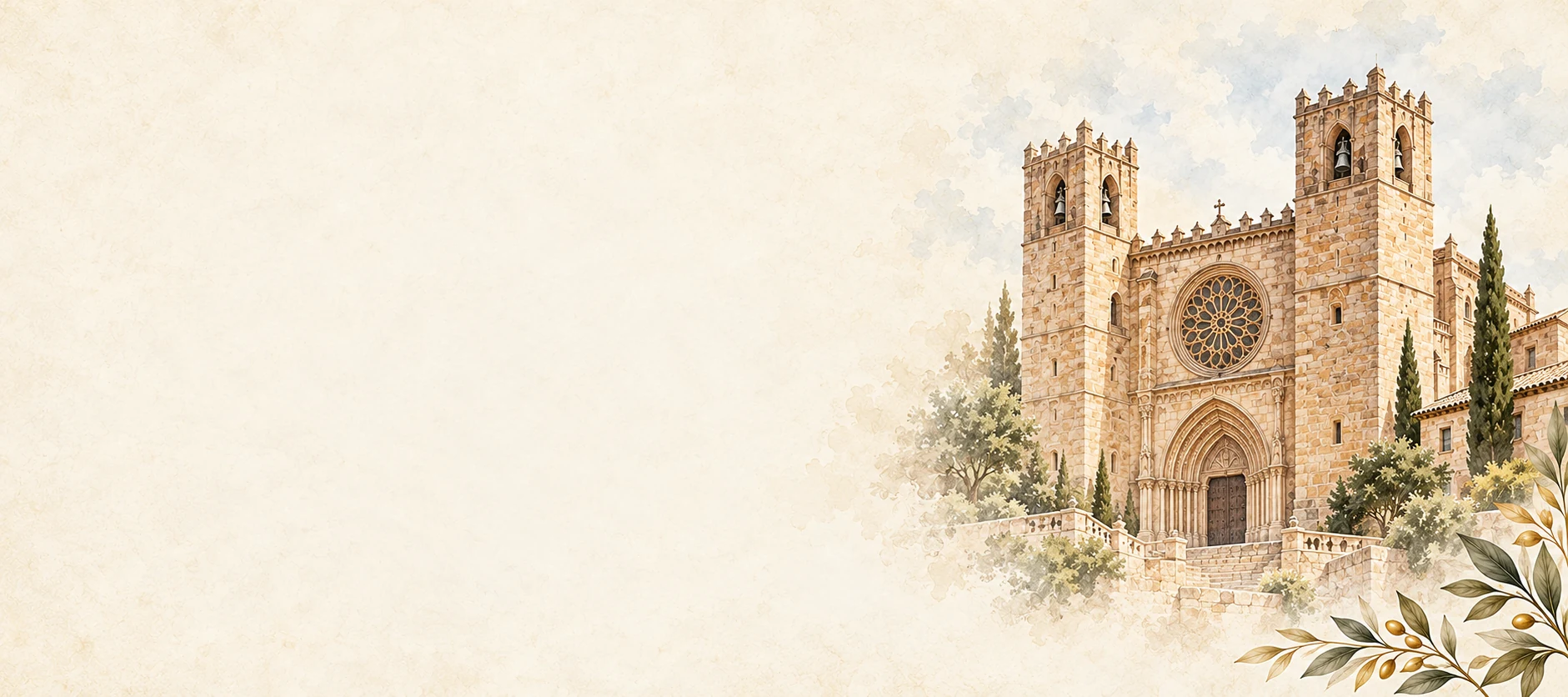 Ilustración de la Catedral de Sigüenza sobre papel marfil con marco dorado y ramas de olivo