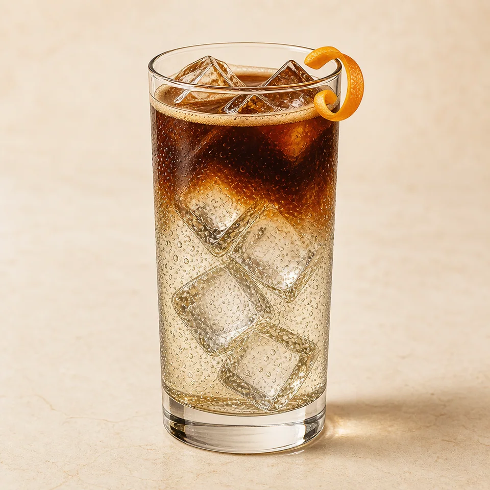 Vaso alto de ESPRESSO TONIC con hielo, burbujas, café y tónica en capas y piel de naranja.
