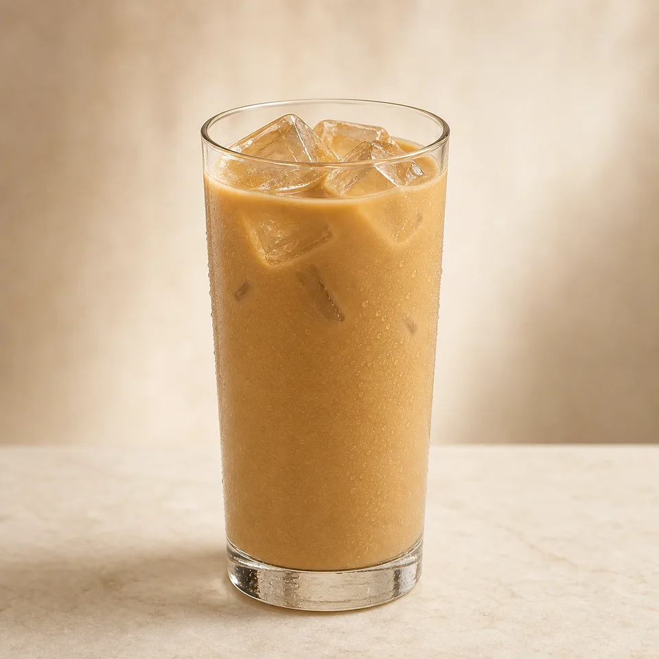 Vaso alto de HONEY COFFEE con hielo y latte color caramelo.