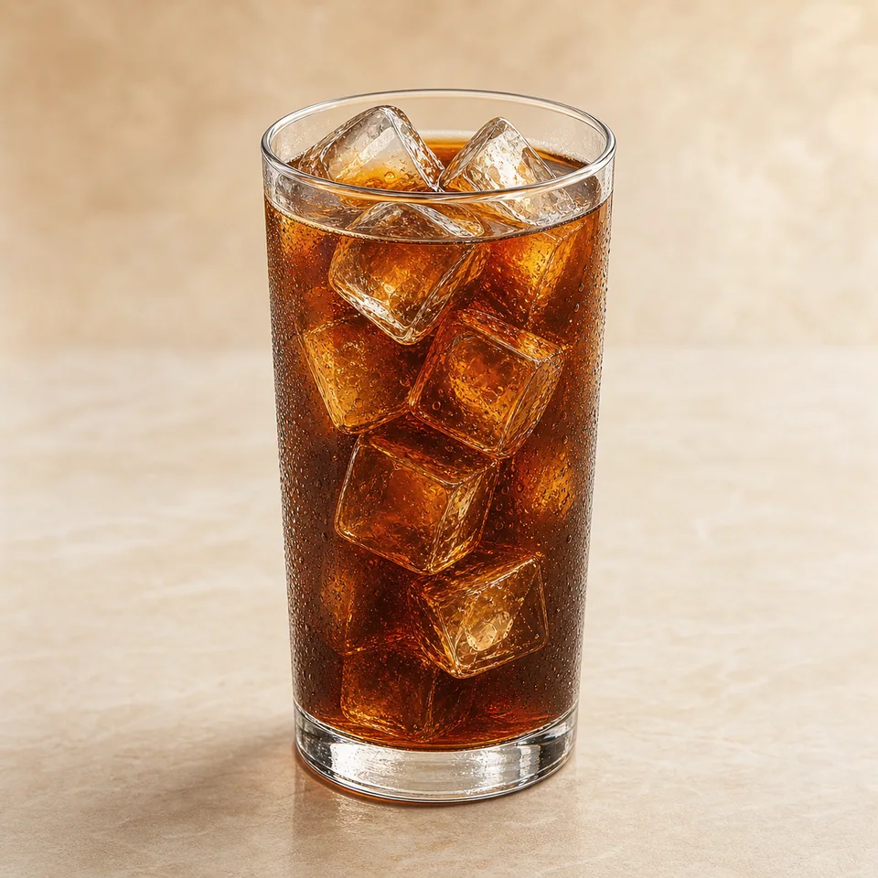 Vaso alto de ICED AMERICANO con hielo y café oscuro.