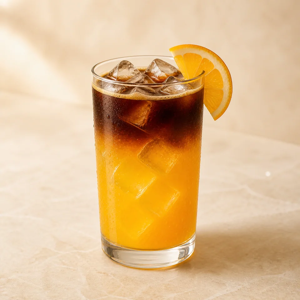 Vaso alto de ORANGE COFFEE con hielo, zumo de naranja y espresso en capas.