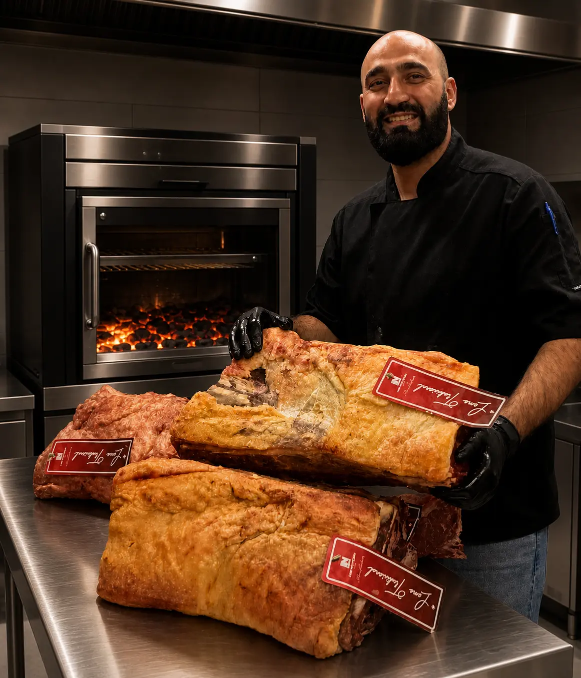 Chef de El Rosetón seleccionando carne junto a la parrilla de carbón