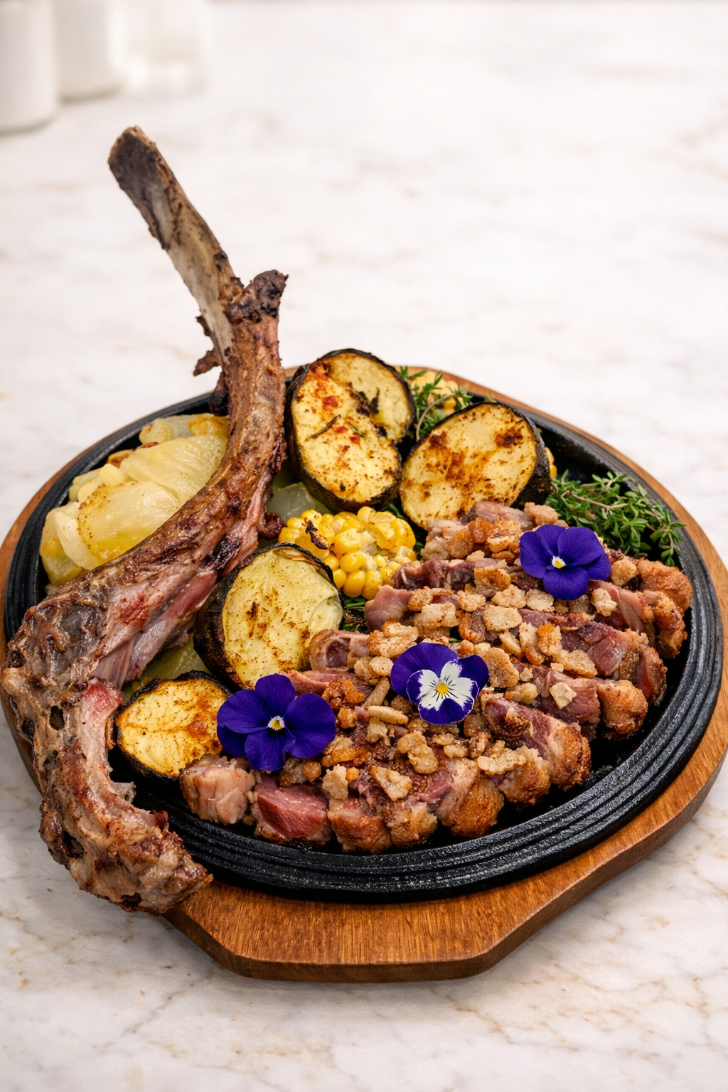 Chuletón y torreznos a la brasa con guarnición