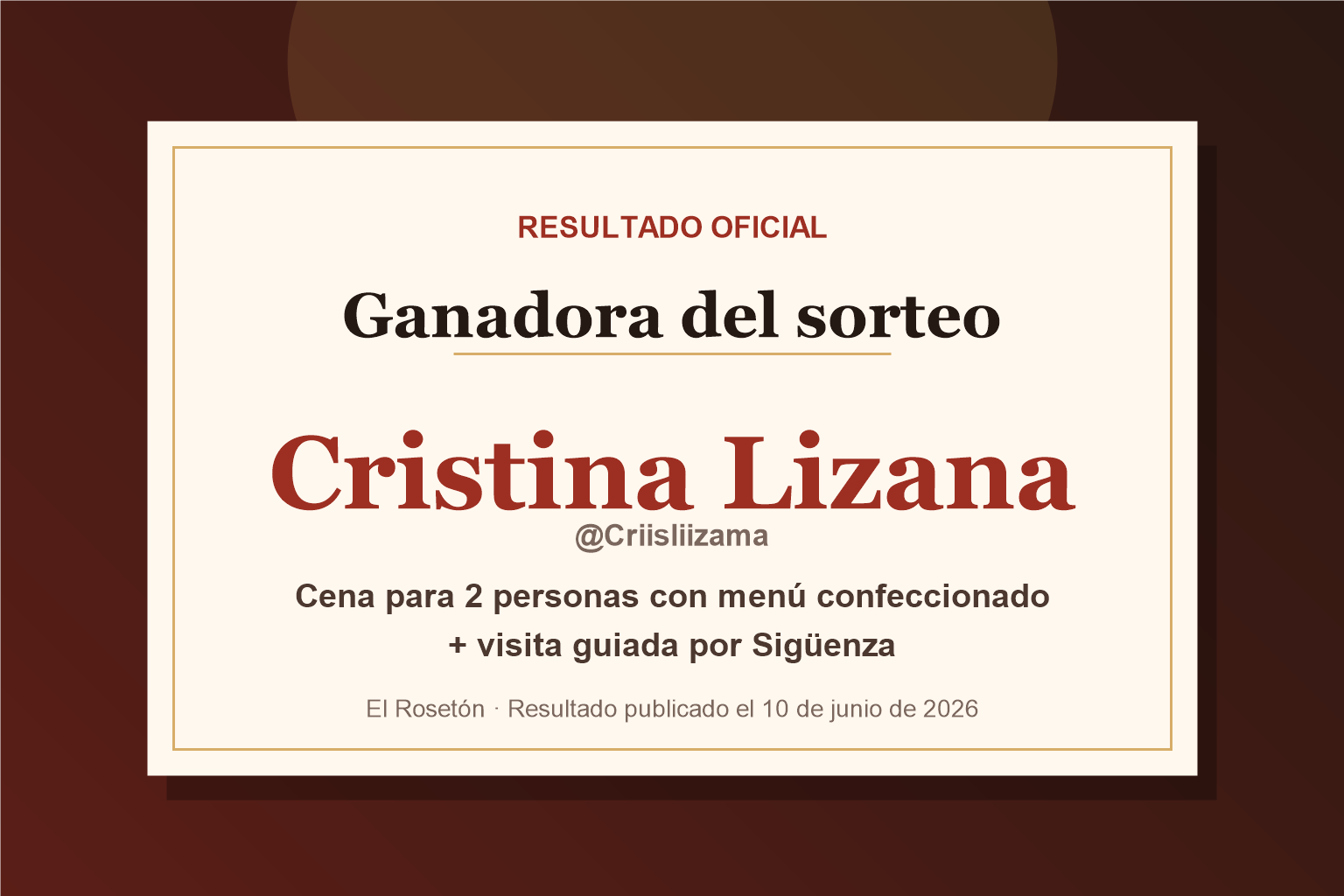 Cristina Lizana, @Criisliizama, ganadora del sorteo de cena para 2 personas y visita guiada por Sigüenza